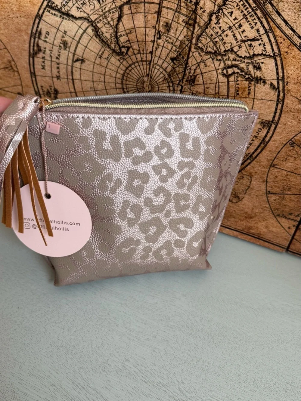 Hollis Make up bag Leopard pink metallic color NWT